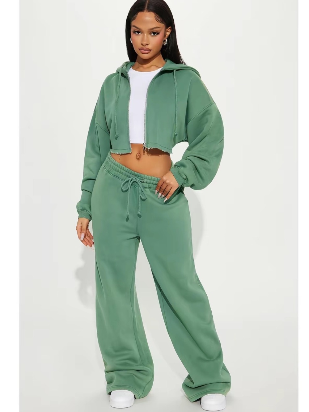 Fashion Nova Sage Green Wide Leg Drawstring Track Pants